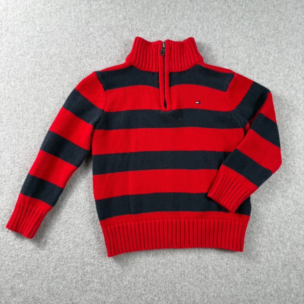 Tommy Hilfiger Striped Quarter Zip Sweater 2T Red Navy Preppy Classic Knit
